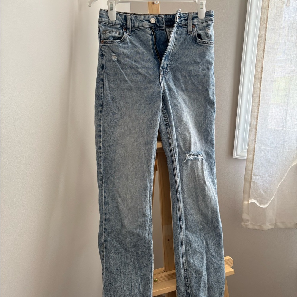 Distressed Blue Straight Leg Jeans